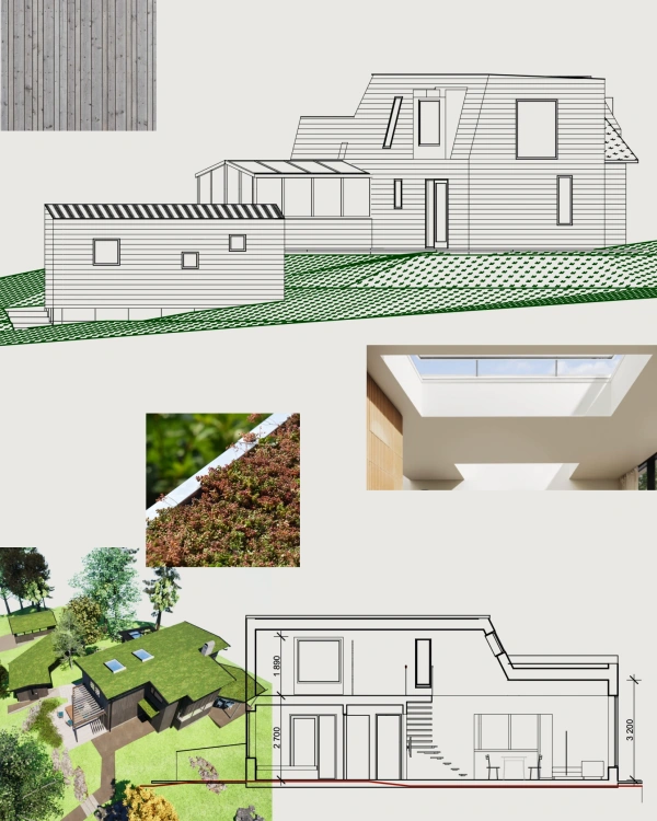 Konceptpresentation med fasadritningar, sektionsritning, materialprover och visualiseringar av ett bostadsprojekt.